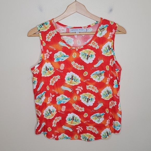 Vintage Howard Wolf | Red Hawaiian Aloha Hula Dancer Print Tank Top Size Small - Picture 1 of 4